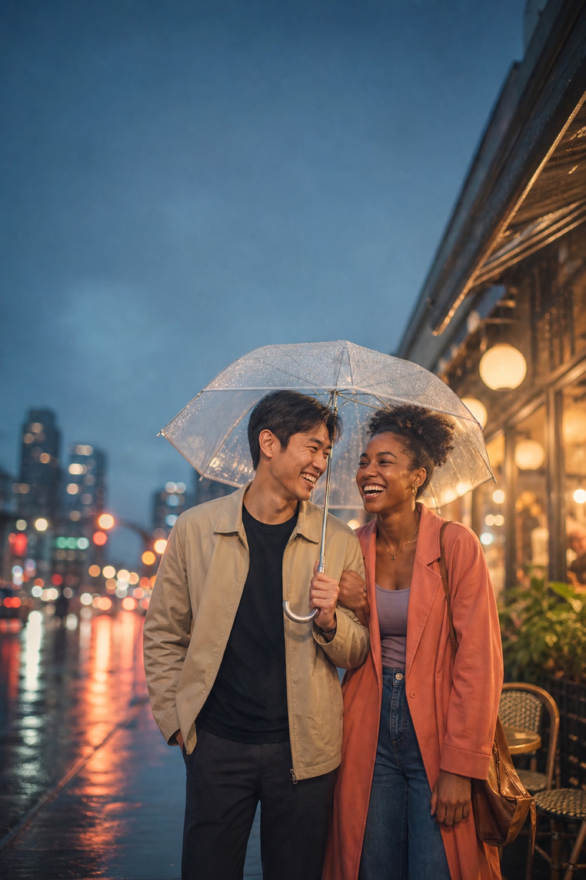 A cinematic romance cover with two people outside a cafe