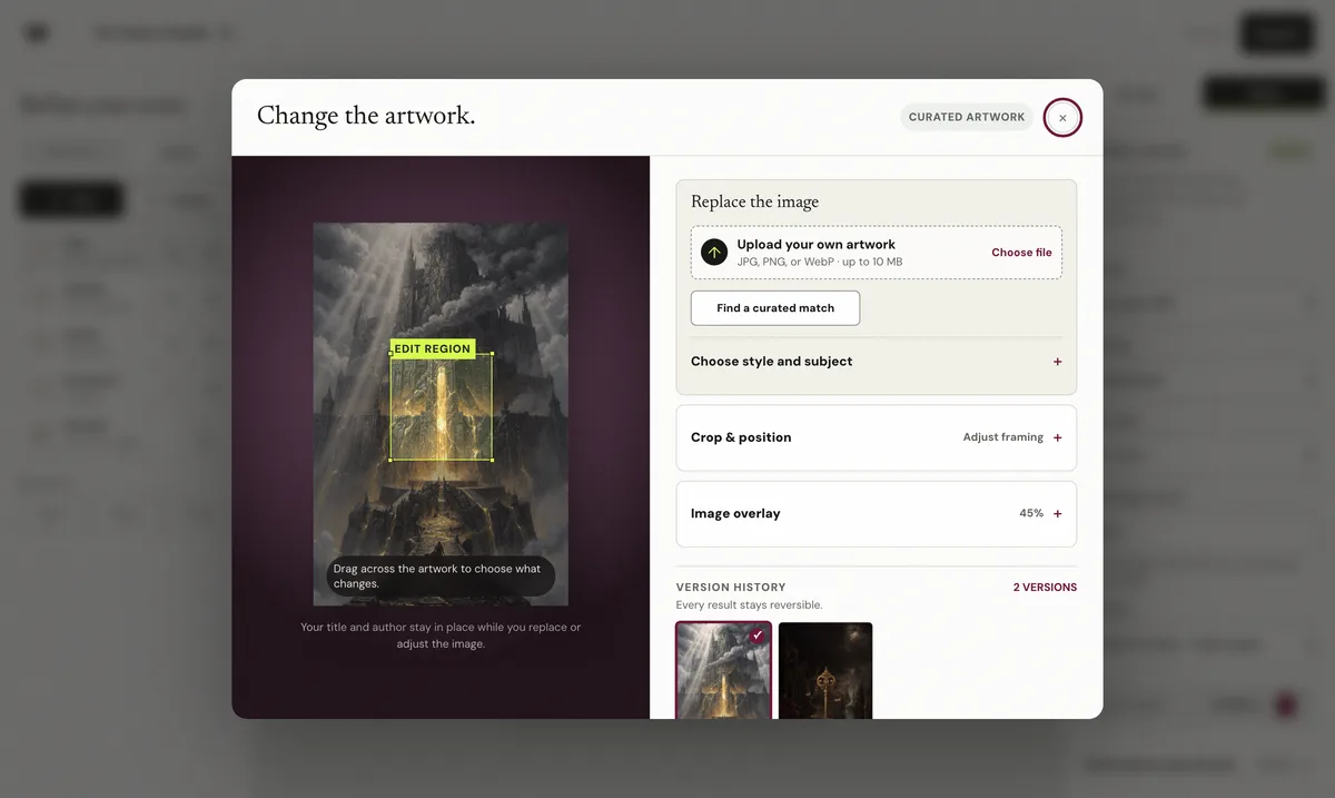The artwork workshop with region editing, upload, curated matching, and version history over a fantasy cover
