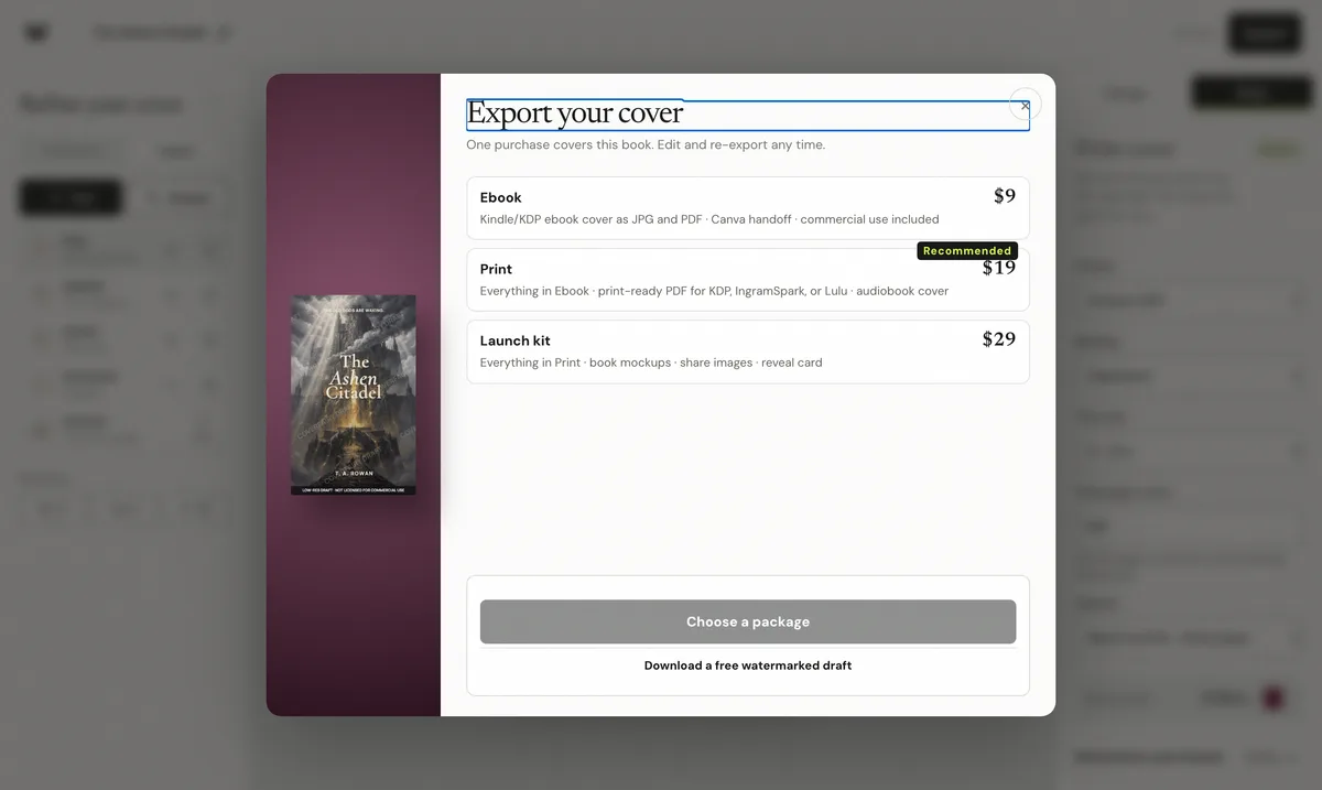 The export sheet listing the Ebook, Print, and Launch kit packages with one-time prices