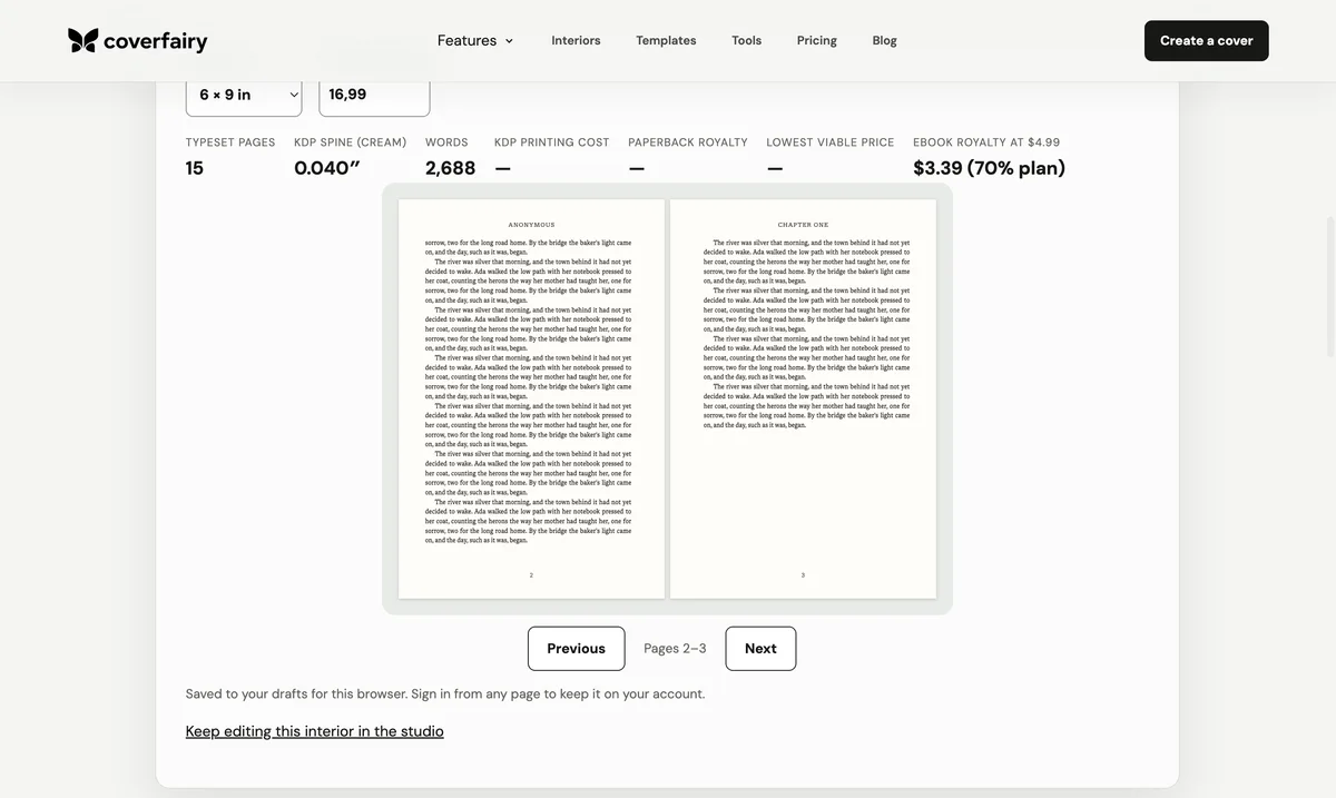The Interiors studio showing a manuscript typeset into facing book pages with theme, trim, and page controls