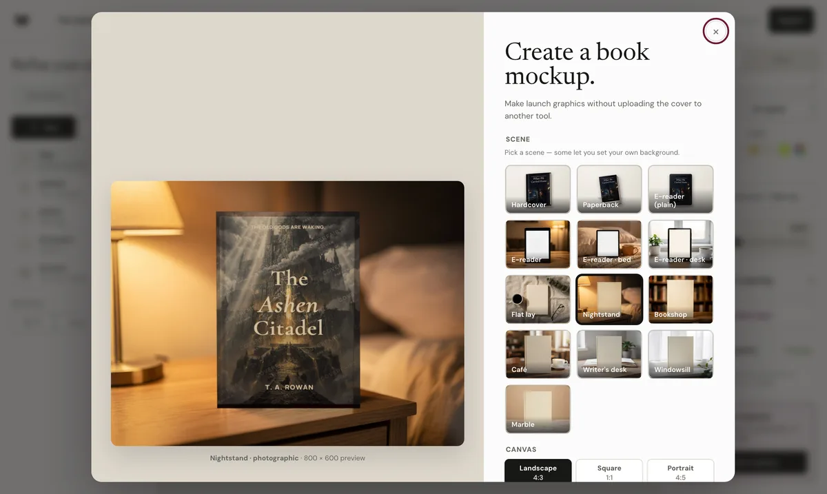 The Mockup Studio rendering a finished cover into photographic scenes with scene and format pickers