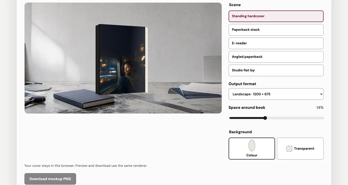 The mockup studio rendering a cover as a standing hardcover in a bright scene with scene and format controls