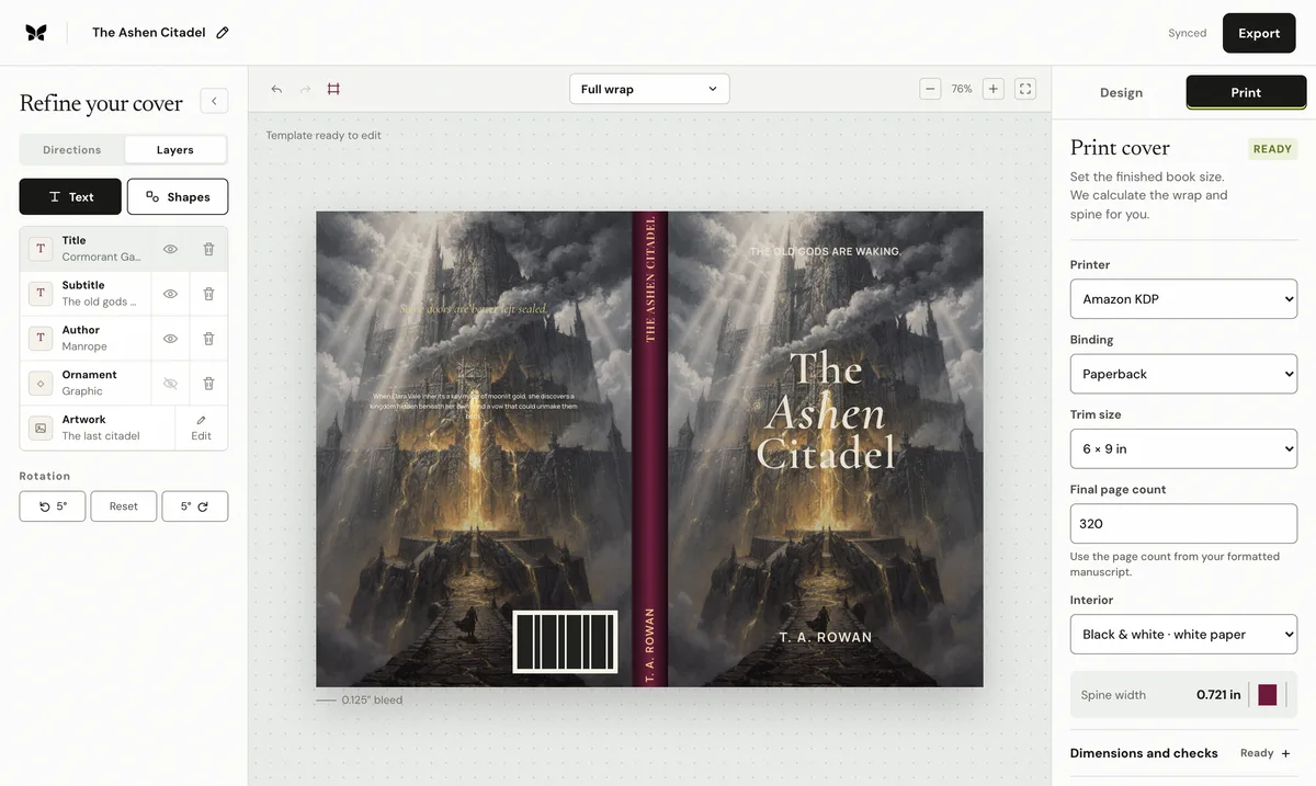 A full paperback wrap in the editor with calculated spine, barcode zone, bleed marker, and passing print checks