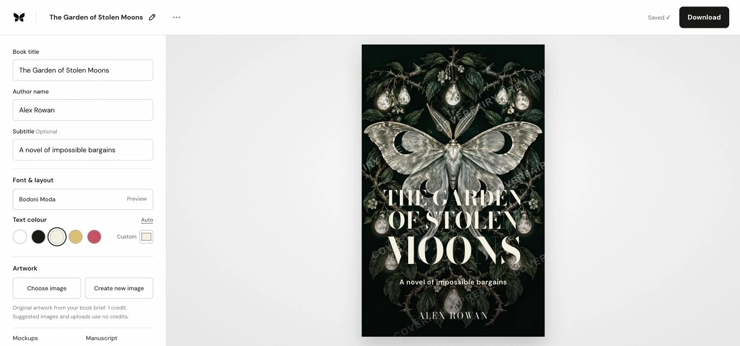 Coverfairy with editable words, font and layout previews, text colours and artwork beside the cover