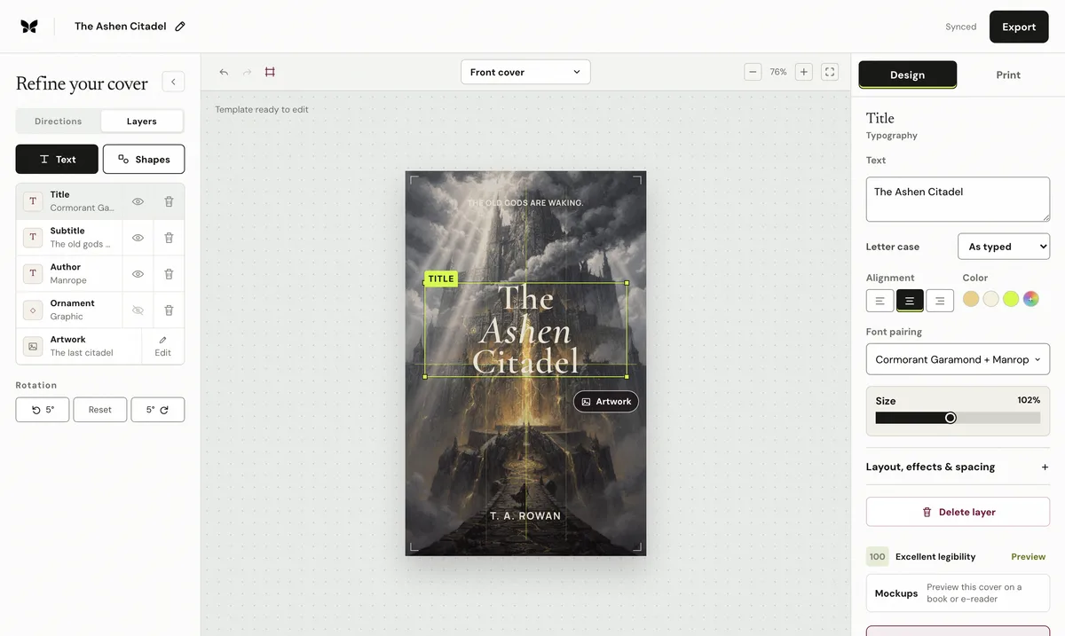 The Coverfairy editor with a fantasy cover open and the title layer selected, showing font pairing, alignment, and size controls