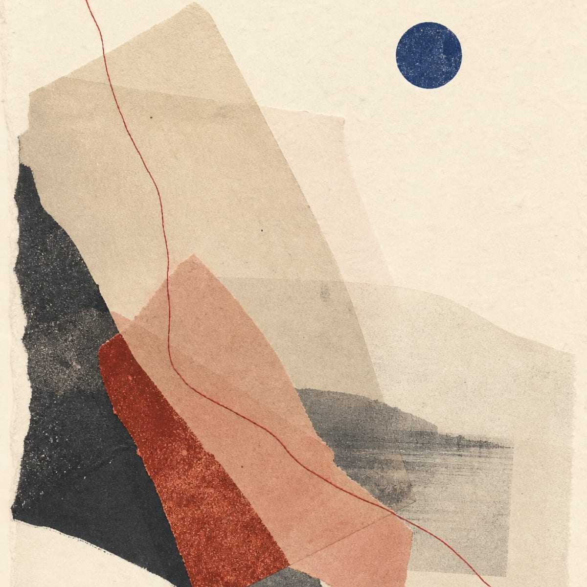 An abstract book cover composed around a red thread