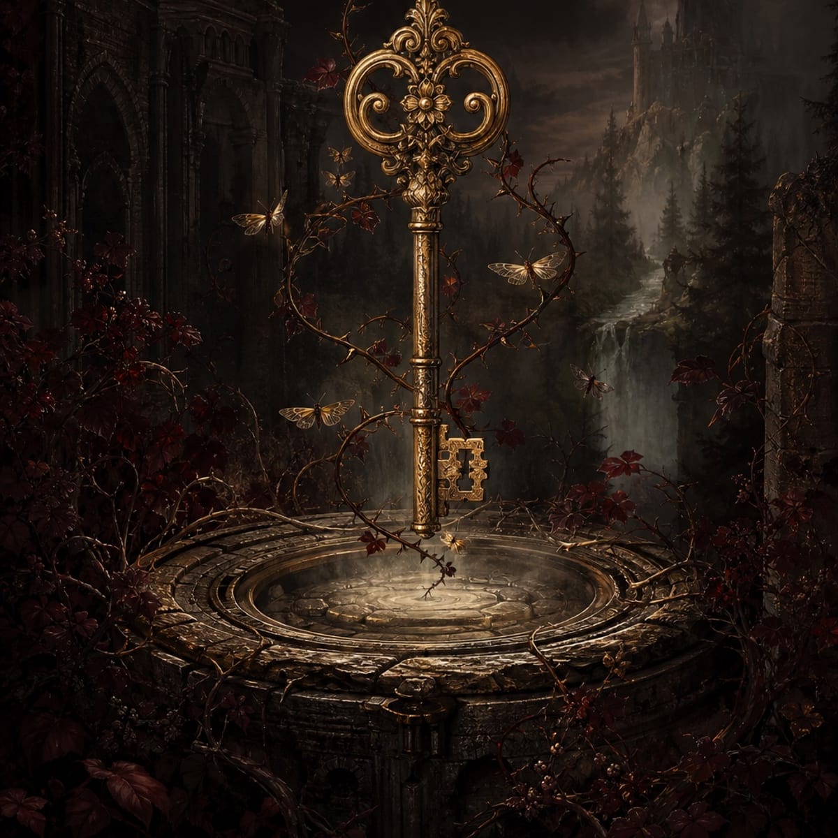 An ornate fantasy book cover with a moonlit crown