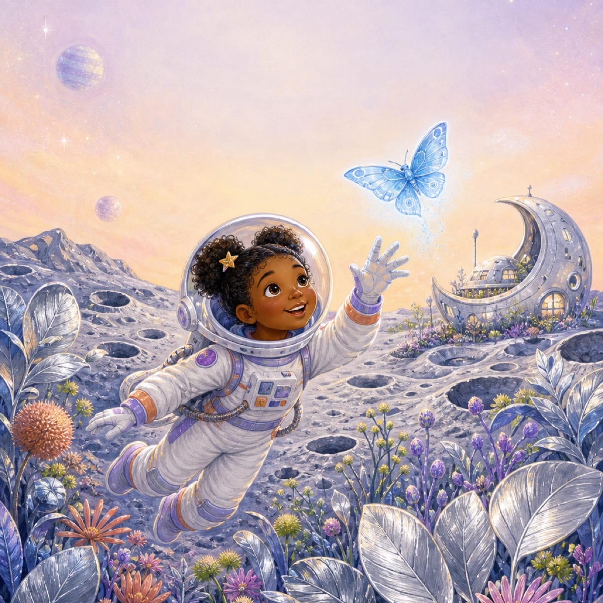 An illustrated children's fantasy cover with a moon garden