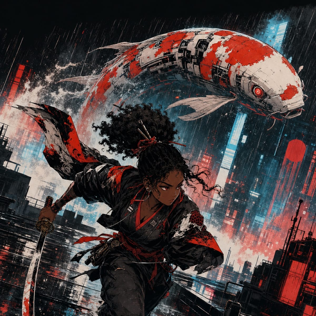 An illustrated manga cover with a mechanical koi