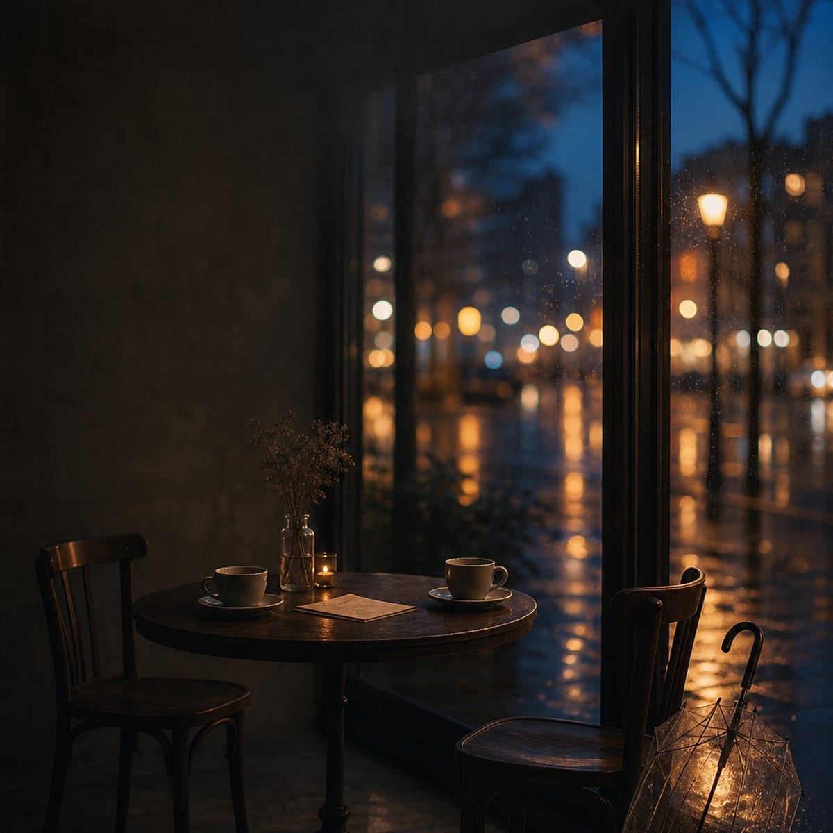 A rain-lit romance cover with an intimate cafe table set for two