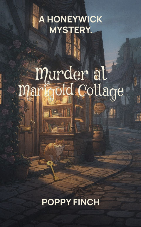 Cozy mystery · Cinematic centre book cover template preview with editable typography over place artwork