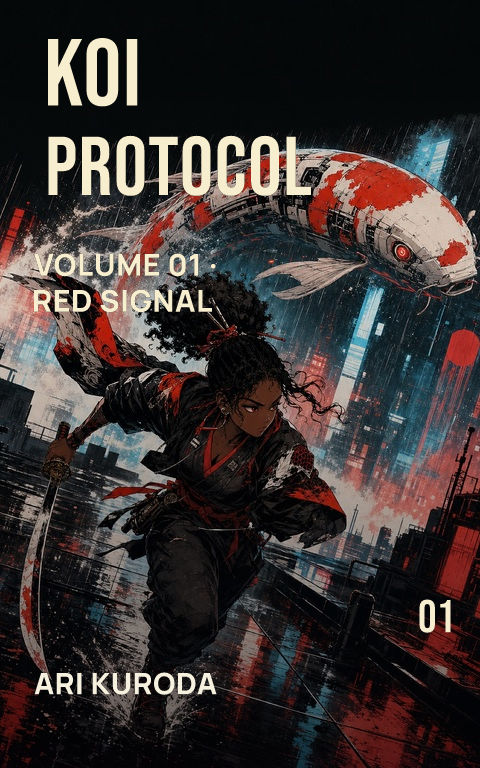 Science-fiction comics · Koi protocol book cover template preview with editable typography over people artwork
