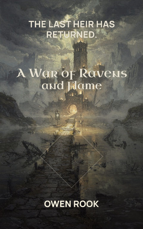 Epic fantasy · Centre emblem book cover template preview with editable typography over place artwork