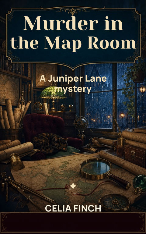 Cozy mystery · Map-room murder book cover template preview with editable typography over object artwork