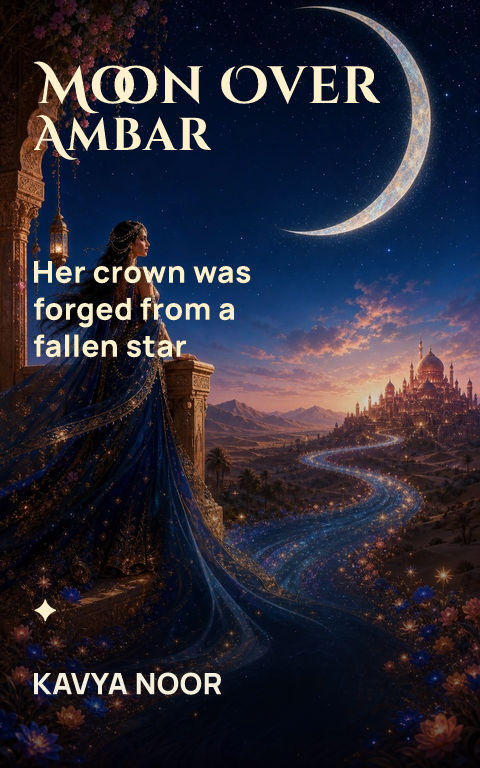 Romantasy · Moon over Ambar book cover template preview with editable typography over people artwork