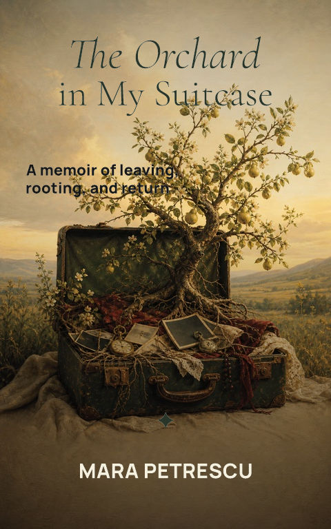 Memoir · Suitcase orchard book cover template preview with editable typography over object artwork