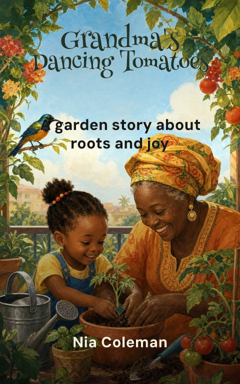 Picture books · Grandma's tomatoes book cover template preview with editable typography over people artwork