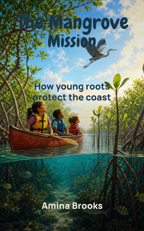 Educational · Mangrove mission book cover template preview with editable typography over people artwork
