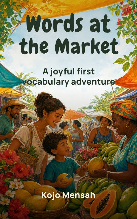 Educational · Market words book cover template preview with editable typography over people artwork