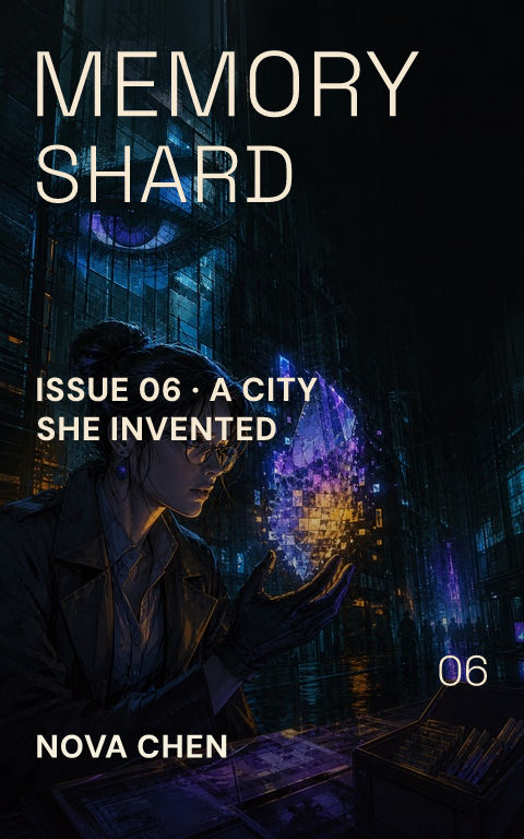 Science-fiction comics · Memory shard book cover template preview with editable typography over people artwork
