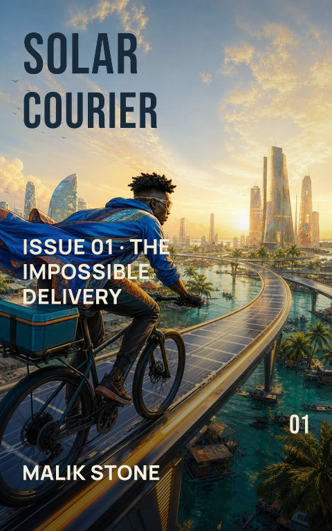 Science-fiction comics · Solar courier book cover template preview with editable typography over people artwork