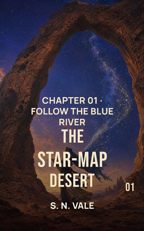 Adventure comics · Star-map desert book cover template preview with editable typography over people artwork