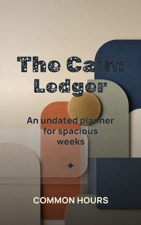 Planners · Calm ledger book cover template preview with editable typography over symbolic artwork