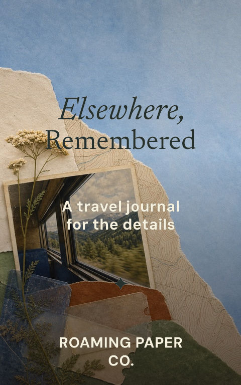 Travel journals · Elsewhere collage book cover template preview with editable typography over place artwork