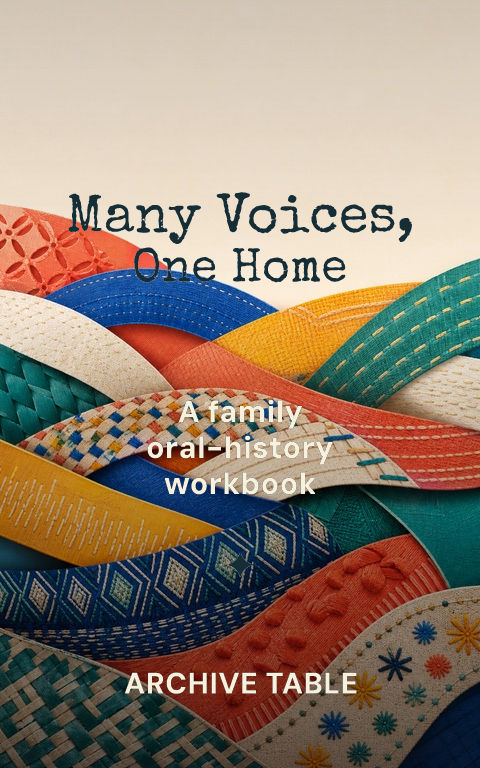 Oral history workbooks · Many voices book cover template preview with editable typography over symbolic artwork