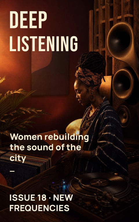 Music magazines · Deep listening book cover template preview with editable typography over people artwork