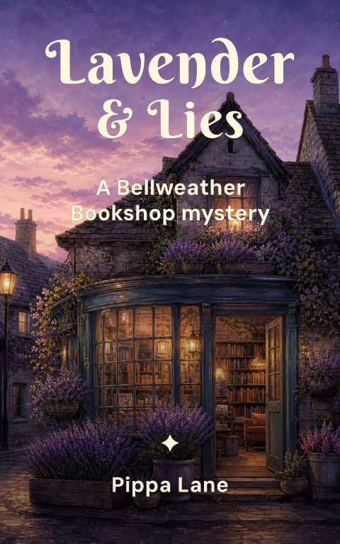 Cozy mystery · Lavender bookshop book cover template preview with editable typography over place artwork