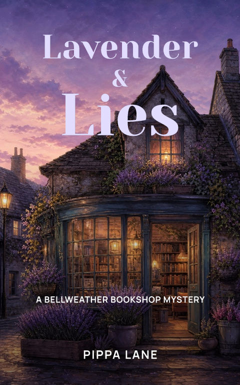 Cozy mystery · Lavender bookshop book cover template preview with editable typography over place artwork