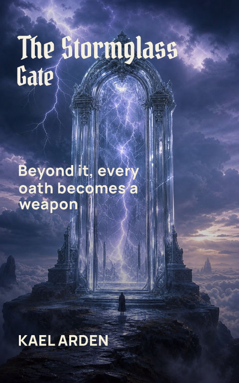 Epic fantasy · Stormglass gate book cover template preview with editable typography over place artwork