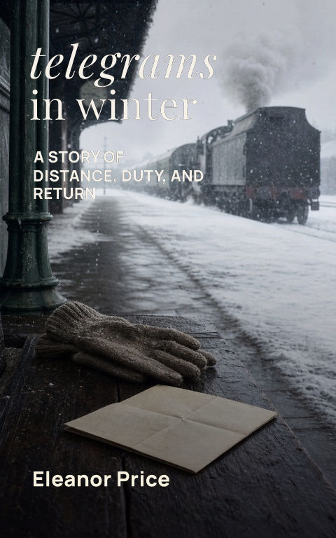 Historical fiction · Winter telegram book cover template preview with editable typography over object artwork