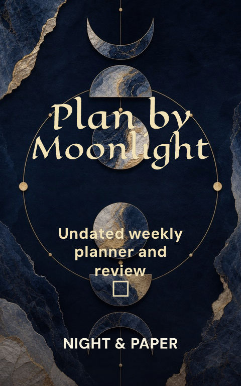 Planners · Celestial planner book cover template preview with editable typography over symbolic artwork