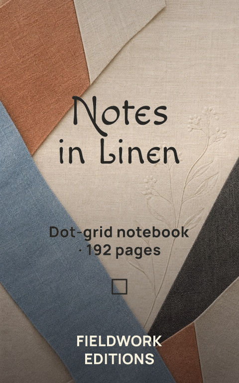 Notebooks · Linen notes book cover template preview with editable typography over symbolic artwork
