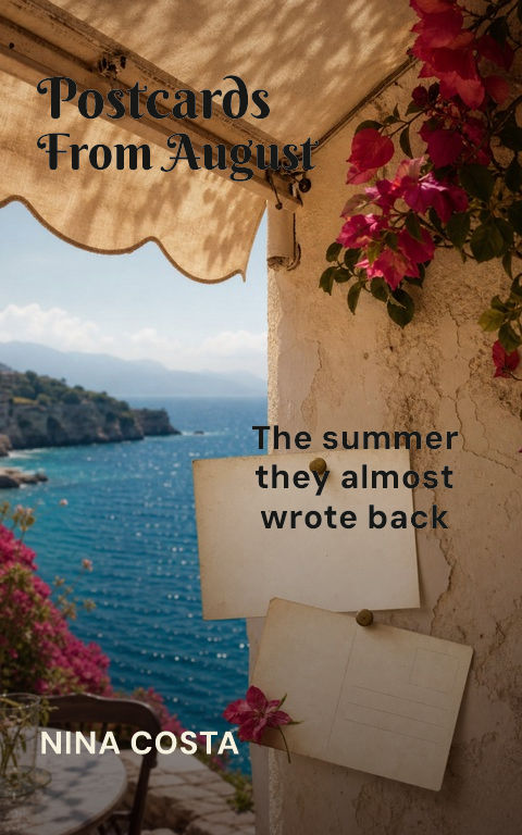 Contemporary romance · Seaside postcards book cover template preview with editable typography over object artwork