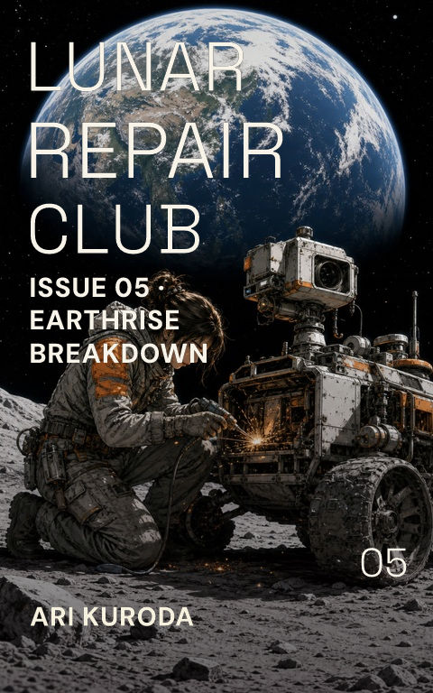 Science-fiction comics · Lunar mechanic book cover template preview with editable typography over people artwork