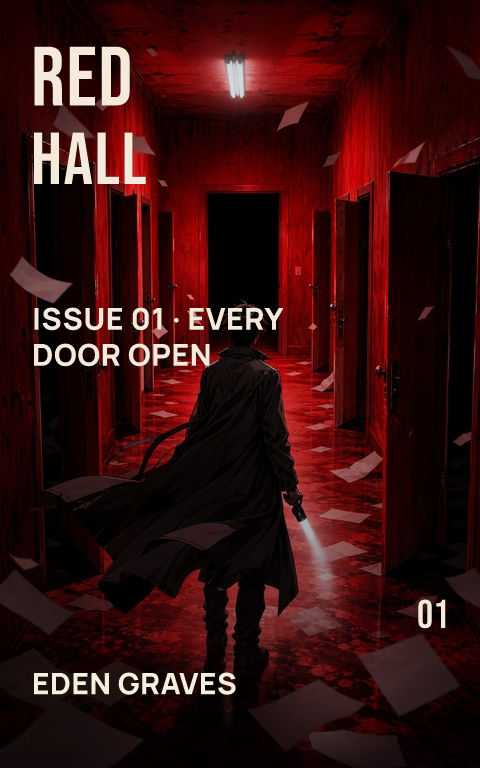Horror comics · Red corridor book cover template preview with editable typography over people artwork