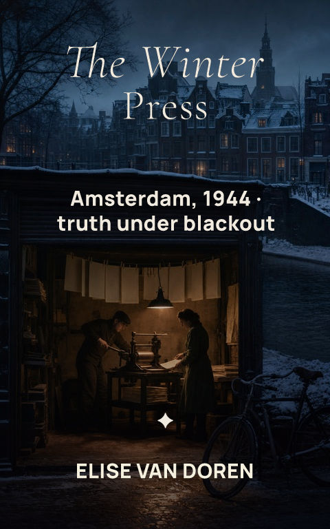 Historical fiction · Amsterdam printshop book cover template preview with editable typography over people artwork