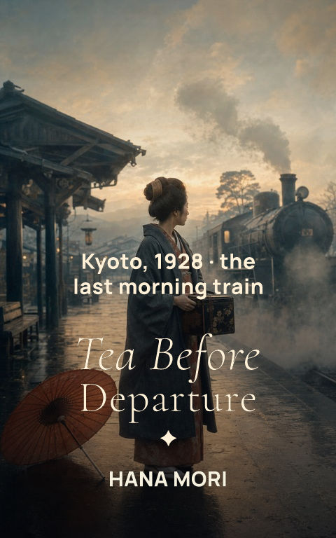 Historical fiction · Kyoto platform book cover template preview with editable typography over people artwork