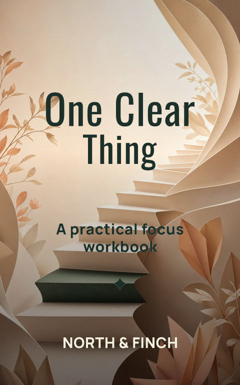 Logs & workbooks · Focus staircase book cover template preview with editable typography over symbolic artwork