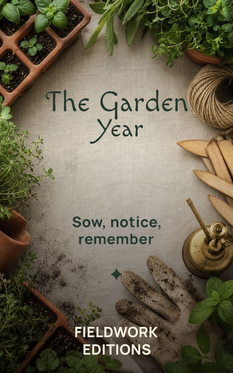 Logs & workbooks · Garden log book cover template preview with editable typography over object artwork