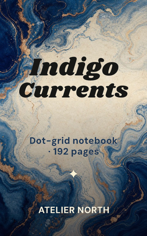 Notebooks · Indigo marble book cover template preview with editable typography over symbolic artwork