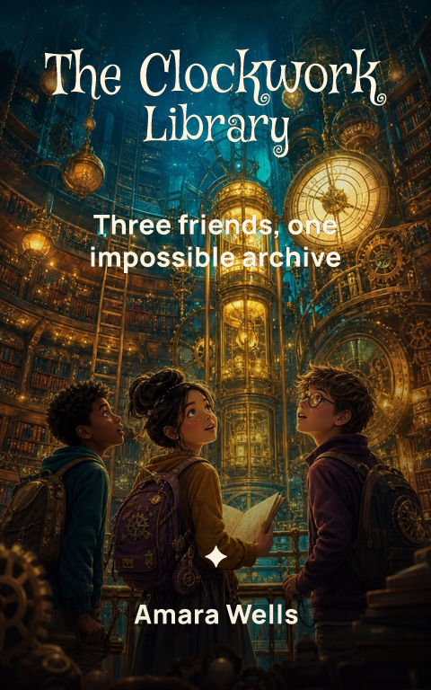 Middle grade · Clockwork library book cover template preview with editable typography over people artwork