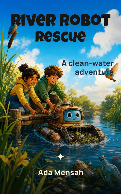 Middle grade · River robot book cover template preview with editable typography over people artwork