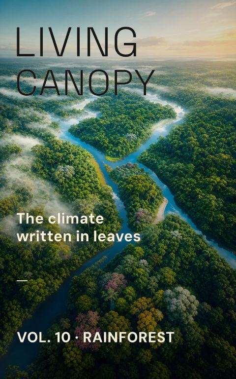 Science magazines · Climate canopy book cover template preview with editable typography over place artwork