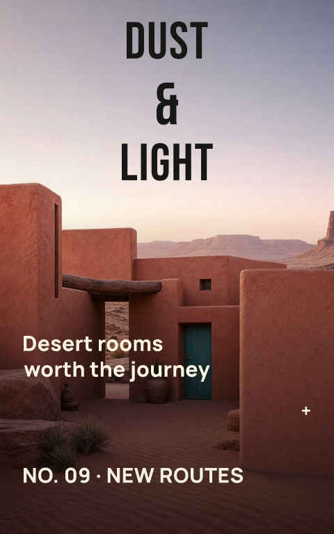 Travel zines · Desert modernism book cover template preview with editable typography over place artwork