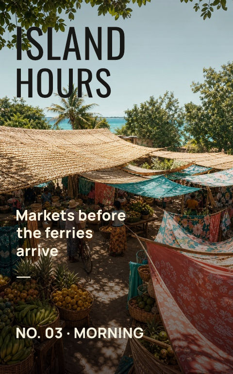 Travel zines · Island market book cover template preview with editable typography over place artwork