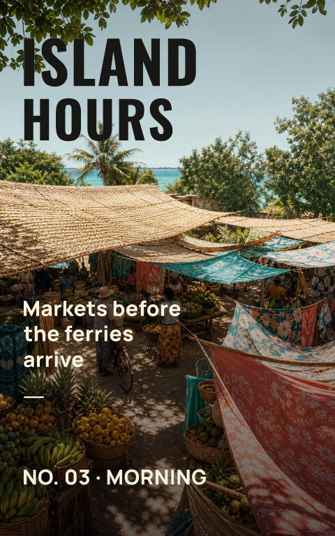 Travel zines · Island market book cover template preview with editable typography over place artwork
